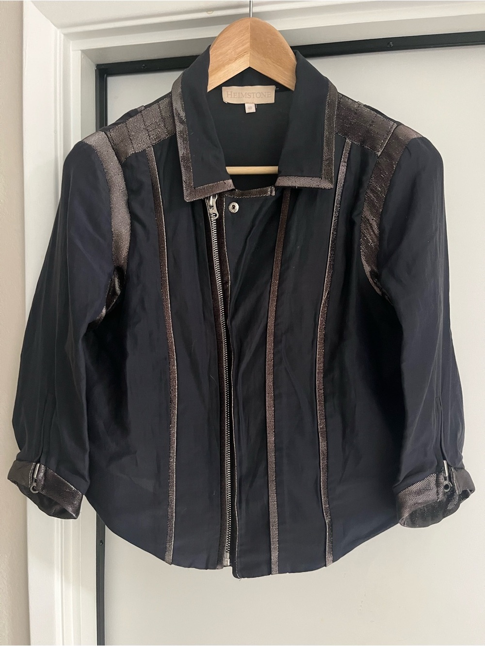 Heimstone Navy & Metallic Fabric Moto Jacket